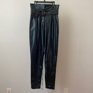 Capsulle Faux Leather MobWife Belted High Waist Tapered Pants S Black